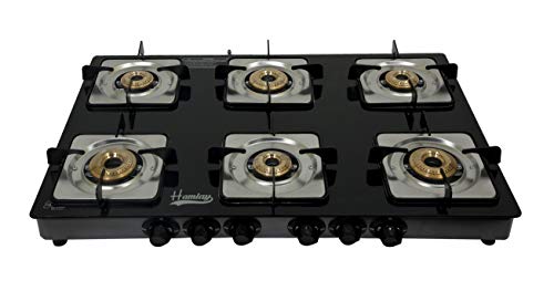 Hamlay Toughened Glass Manual Ignition Gas 6 Burner PNG Compatible Stove (Black)