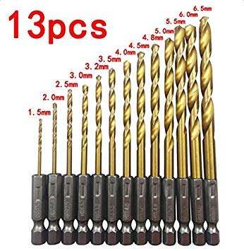 Generic 13pcs HSS High Speed Steel Titanium Coated Drill Bit Sets 1/4 Inch Hex Shank Twist Drill Bit ( 1.5-6.5mm )