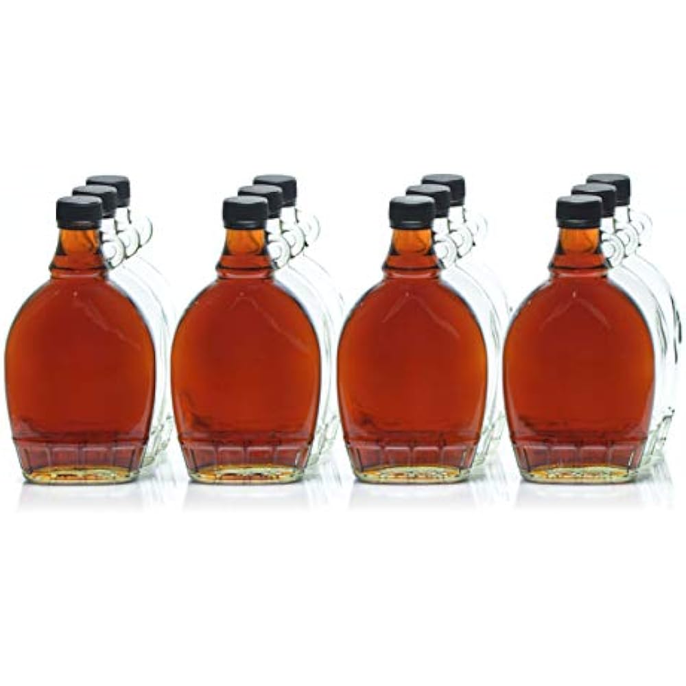 12 Ounce Glass Maple Syrup Bottles Loop Handle & Black Plastic Tamper