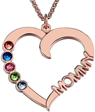 Open Heart Pendant Personalized Name Necklace Family Birthstone 925 Sterling Silver Gift for Mother 18"(rose-gold-flashed-silver)