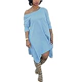 Women Plus Size Vintage Off Shoulder Long Sleeve Irregular Hem Midi Dress Blue 2XL