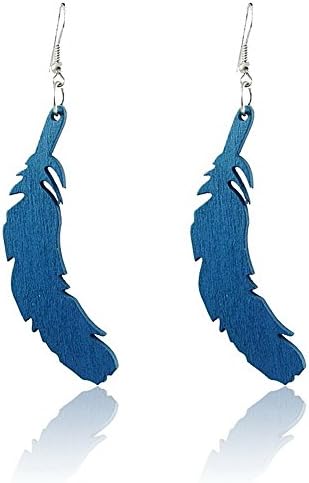 Spk Jewelry Vintage Tribal Feather Wood Handmade Filigree Dangle Teardrop Earrings (Blue)