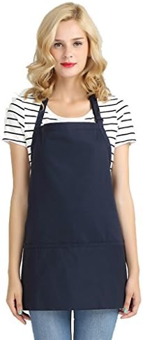 Navy blue adjustable hotel restaurant salon kitchen bib chef apron for women Korean lovely style with 2 pockets