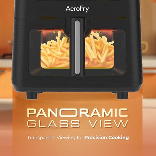 AEROFRY Digital Air Fryer 6L Panoramic glass, Oil Free Healthy Cooker with multiple Presets, Non-Stick Basket with 360° High speed air technology- Black | قلاية هوائية رقمية بدون زيت