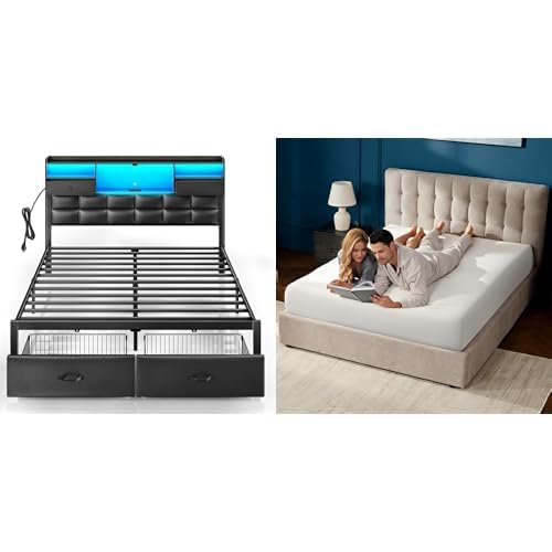 Rolanstar Bed Frame Full Size with Charging Station, LED Bed Frame with Storage Headboard, Black + 8 Inch Gel Memory Foam Mattress, Gel Infused, Fiberglass Free, Medium Firm Mattresses Image