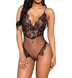 Women's Sexy Lace Babydoll Lingerie One Piece Teddy Bodysuit (L, Black)