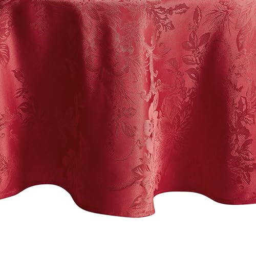 Elrene Home Fashions Poinsettia Elegance Jacquard Christmas/Holiday Waterproof Stain Resistant Dining Tablecloth, 90X90 Round, Red