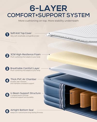 Tencity Queen Air Mattress with Built-in Pump, 20” Luxury Blow Up Mattress with 3cm Quilted Foam Topper, Extra Firm Support, Quiet Inflatable Bed for Guests, Home & Temporary Sleep, 660 lbs