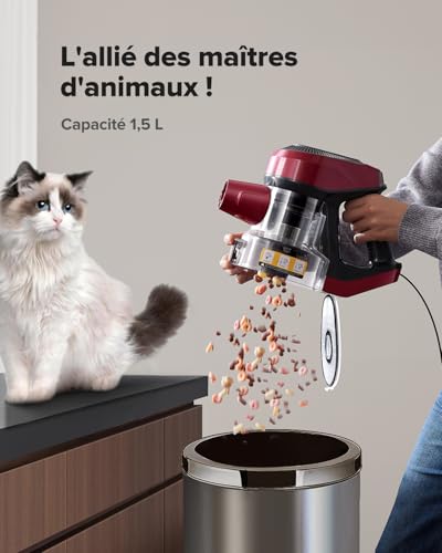 C8 Aspirateur Balai avec Fil, 600W/60Kpa Aspirateur Balai Puissant avec Recharge Murale, Cable de 7 m, Brosse Anti-Emmêlement,1,5L Aspirateur Balai pour Tapis,Sols Durs,Poils d'animau