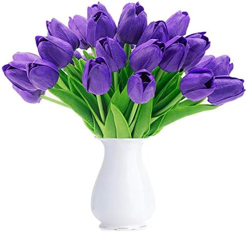 BOMAROLAN Artificial Tulip Fake Holland Mini Tulip Real Touch Flowers 24 Pcs for Wedding Decor DIY Home Party (Purple)