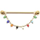 Zynova 14G Colorful Beads Chains Dangle Industrial Barbell Earrings for Women 316L Surgical Steel Gold Plated Cartilage Industrial Bar Industrial Piercing Jewelry 38mm