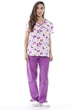 1311W-13-S Just Love Nursing Scrubs Set for Women / Print Scrubs,White Ribbon Heart With Purple Pants,Small
