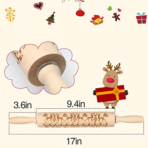 BOMEON Christmas Wooden Rolling Pins Engraved Embossing Rolling Pin with Christmas Symbols Deer for Baking Embossed Cookies Kitchen Tool (17"x 2")
