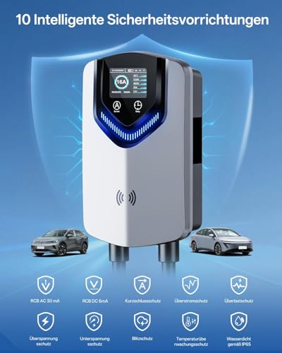 Wallbox 11kW with App & RFID - 3-Phase Type 2 EV Charger 400V, 6-16A, 8M Cable with Cable Holder - RCD Type B & IP54, Setting Start Time Efficient Charging Station for Home for BEV PHEV
