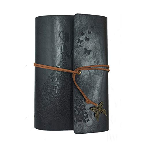 Fashionme Leather Journal A6 21x17x4cm Retro Vintage Spiral Notebook Refillable Diary Writing Painting Sketchbook Notepad Guest Book with 80 Refillable Blank Craft Papers as Gift (Black, A6)