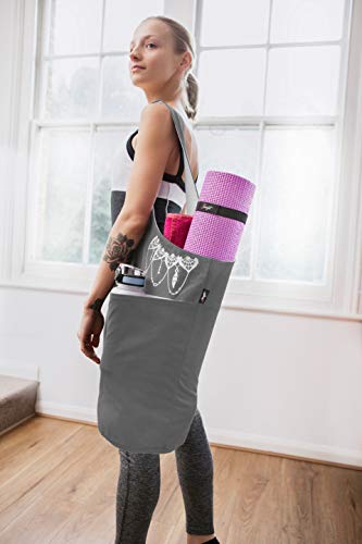 Zenifit Yoga Mat Bag - Long Tote with Pockets - Holds More Yoga Accessories. Cute Yoga Mat Holder with Bonus Yoga Mat Strap Elastics. Gray and White Yoga Mat Bags and Carriers for Women