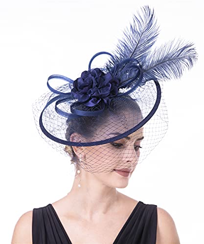 Haojing Women's Wedding Hat Ladies Day Headband Tea Party Fascinators Kentucky Derby (T1-Navy)