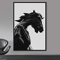 Framed Canvas Wall Art High Contrast Horse Animals Black and White Duotone Expressive Grey Horse Living Room Photography Rustic - 16x24 inches