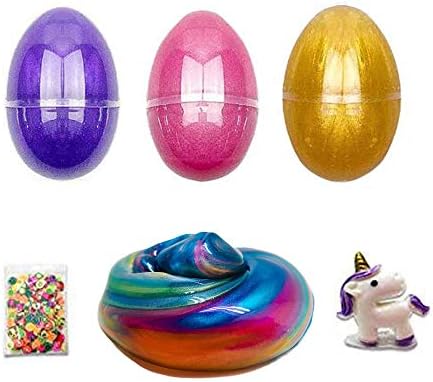 GoodGoodStudy--Three Slime Eggs and One Pack of Fruit Slice with a Unicorn Toy, Non-Sticky Jumbo Floam Slime Stress Relief Toy Scented DIY Putty Sludge Toy for Girls(3+2)