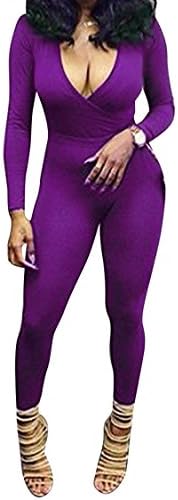Rokiney Women's Tight Long Sleeve Plunging V Jumpsuit Playsuit Romper M Purple