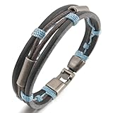 INBLUE Men's Alloy Genuine Leather Bracelet Bangle Black Grey Blue