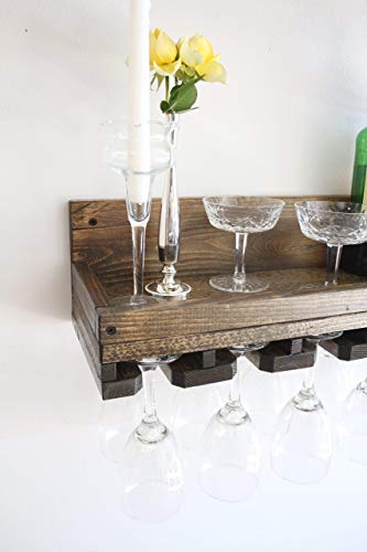 Rustic Wood Wine Glass Rack & Shelf with Beveled Stemware Glass Holders - Thumbnail 3