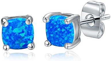 OPALBEST White Gold Created Cushion Cut Blue Opal Stud Earrings For Women Hypoallergenic