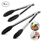 Kitchen Tongs For Cooking Serving - Heavy Duty Stainless Steel BBQ Grill And Salad Serving Food Tongs With Non Stick Silicone Head And Non Slip Grip Plus Built In Locking O-Ring, 9” And 12” Set Of 2