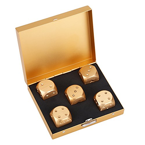 5pcs Table Game Dice, Aluminium Alloy Table Game Poker Games Dices Set with Storage Box for Table Games Poker Monopoly(Gold-Square Box)