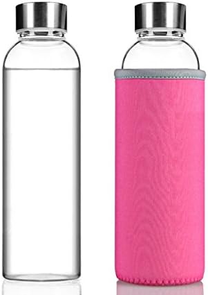 July Sky Stylish Portable Borosilicate Glass Water Bottle(12.6OZ) with Colorful Protective Bag(Pink)