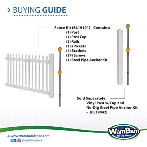 WamBam NoDig BL19101 Nantucket Picket Vinyl Fence, White, 4' H