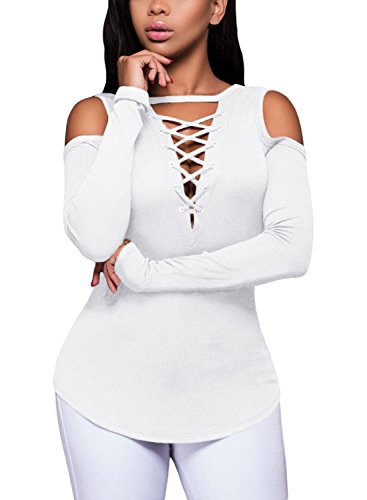 FARYSAYS Women's Sexy Cold Shoulder Blouse Lace-Up Ribbed Tops (Medium, White-2)