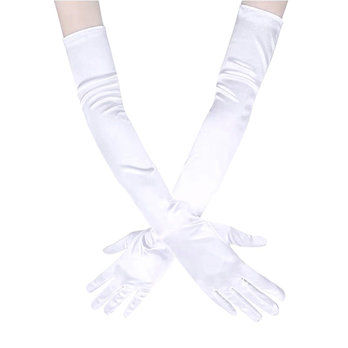 JZK 1 Pair 1920s White satin elbow length gloves for women girls, 55cm long opera evening gloves, stretchy princess fancy dress gloves, costume accessories for wedding, prom, party, dance