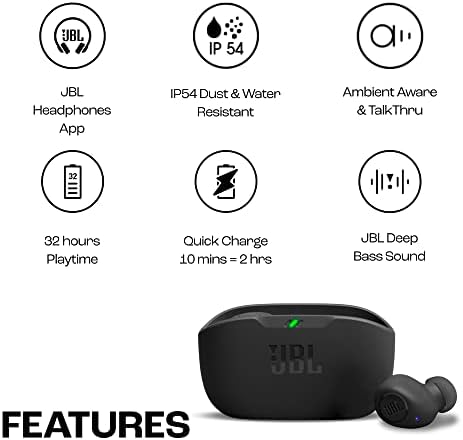 Wave Buds – Kabellose In-Ear Ohrhörer mit IP54 und IPX2 Wasserdichtigkeit – Kraftvoller Bass und 32 Stunden Akkulaufzeit – Schwarz