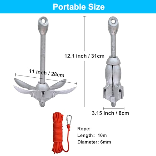 BeGrit Galvanised Anchor Cast Iron Folding Anchor 1.5 kg Anchor Set with Diameter 6 mm 10 m Anchor Line for Boat SUP Paddle (Silver)