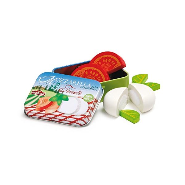Erzi 17045 Mozzarella und Tomate aus Holz in der Dose, Kaufladenartikel für Kinder, Rollenspiele