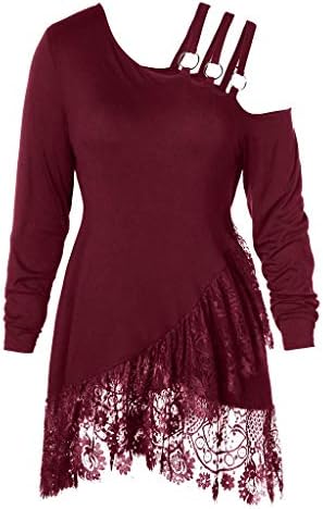 Willow S Women Fashion Casual Sexy Plus Size Lace Irregular Skew Collar Belt Loose T-Shirt Tops Blouse