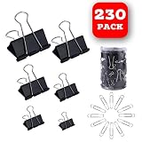 230 Pack Assorted Size Binder Clips [100 Bonus Paper Clips] - 6 Sizes Paper Clamp - Sturdy Container Included (Black)