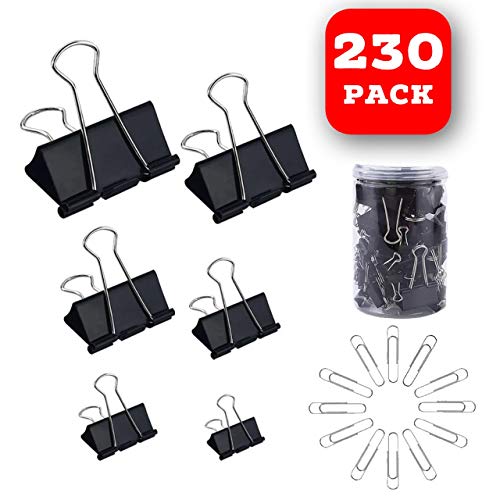 230 Pack Assorted Size Binder Clips [100 Bonus Paper Clips] - 6 Sizes Paper Clamp - Sturdy Container Included (Black)