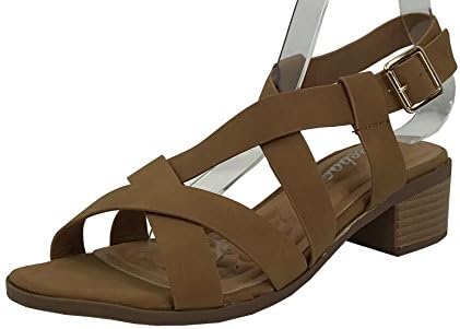 W Collection Womens Open Toe Strappy Caged Ankle Strap Block Mid High Heel Sandals, Tan, 7.5
