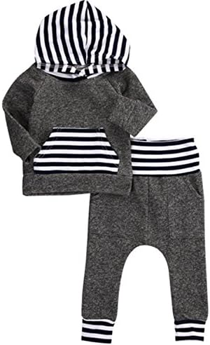 Infant Baby Boys Outfits Gray Stripe Long Sleeve Clothes Coat Warm Hoodie Tops Sweatsuit Pants Outfit Set 12 Months