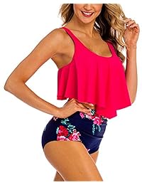 Coskaka Trajes de baño de dos piezas con cuello alto y volantes en la parte superior y cintura alta para mujer