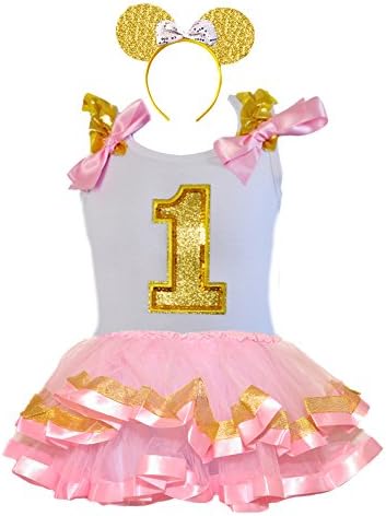 Birthday Glitter Gold Age Number Tops Tulle Tutu &amp; Sparkling Gold Headband Set (PK-Age 1)