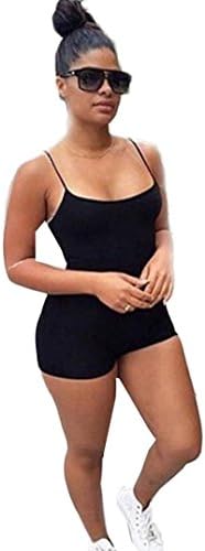EKIMI Women's Black Strap Casual Beach Shorts Jumpsuit Rompers Bodysuit (L)