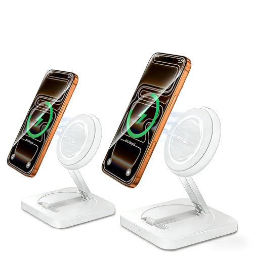 Magnetic Wireless Charger, [2 Pack] 15W Foldable Fast Charging Stand for iPhone 17/16/15/14/13/12 Series/AirPods 3/2/Pro 2/3, Samsung Wireless Charger Station for Galaxy S25 Ultra/S24/S23/S22 White