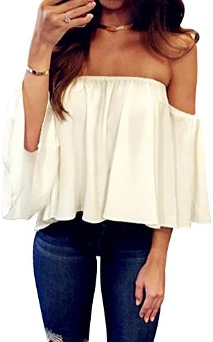opkelana Women Sexy Off The Shoulder Tops Summer Chiffon Blouses Crop Tops for Ladies Teens Juniors (L, White)