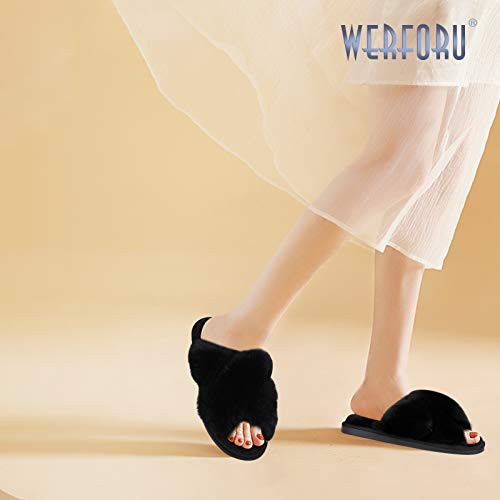 Women Cross Band Slippers, Soft Plush Fleece Slippers, Furry Cozy Open Toe House Shoes, Indoor Outdoor Faux Rabbit Fur Comfy Slippers,Black, 7-8