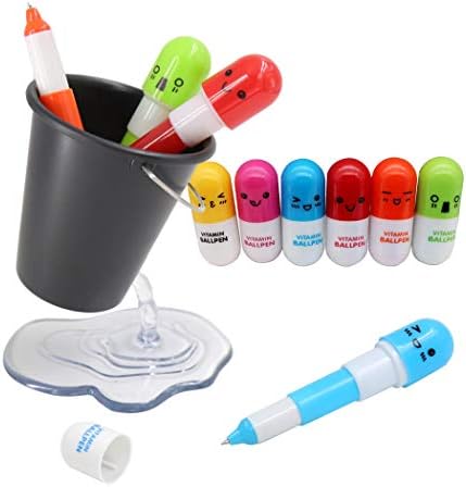 1PCS Bucket Pencil Holder + 10PCS Random Color Pill Shaped Pens, Creative Pen Holder and Cute Cartoon Pill Ballpoint Pens, Design Floating Container Cute Pen Holder Case For Desk - Black