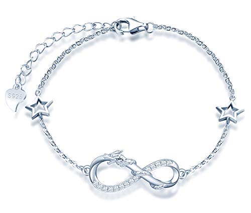 MicLee Woman's girl's Bracelet, 925 Sterling Silver bracelet, Lucky dragon and infinity symbol bracelet, with mini hollow star, Inlaid zircon, adjustable chain, design of animal bracelet
