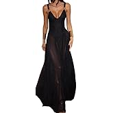 Women's Sexy Deep V-Neck Retro Sleeveless Solid Color Mesh A-line Dress Lace Cocktail Party Wedding Dress